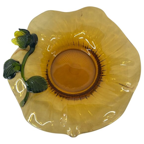 Hand Blown Art Glass Bowl Attached Flower Gold Green 9.5 Inch Ruffled Edge - Picture 7 of 8